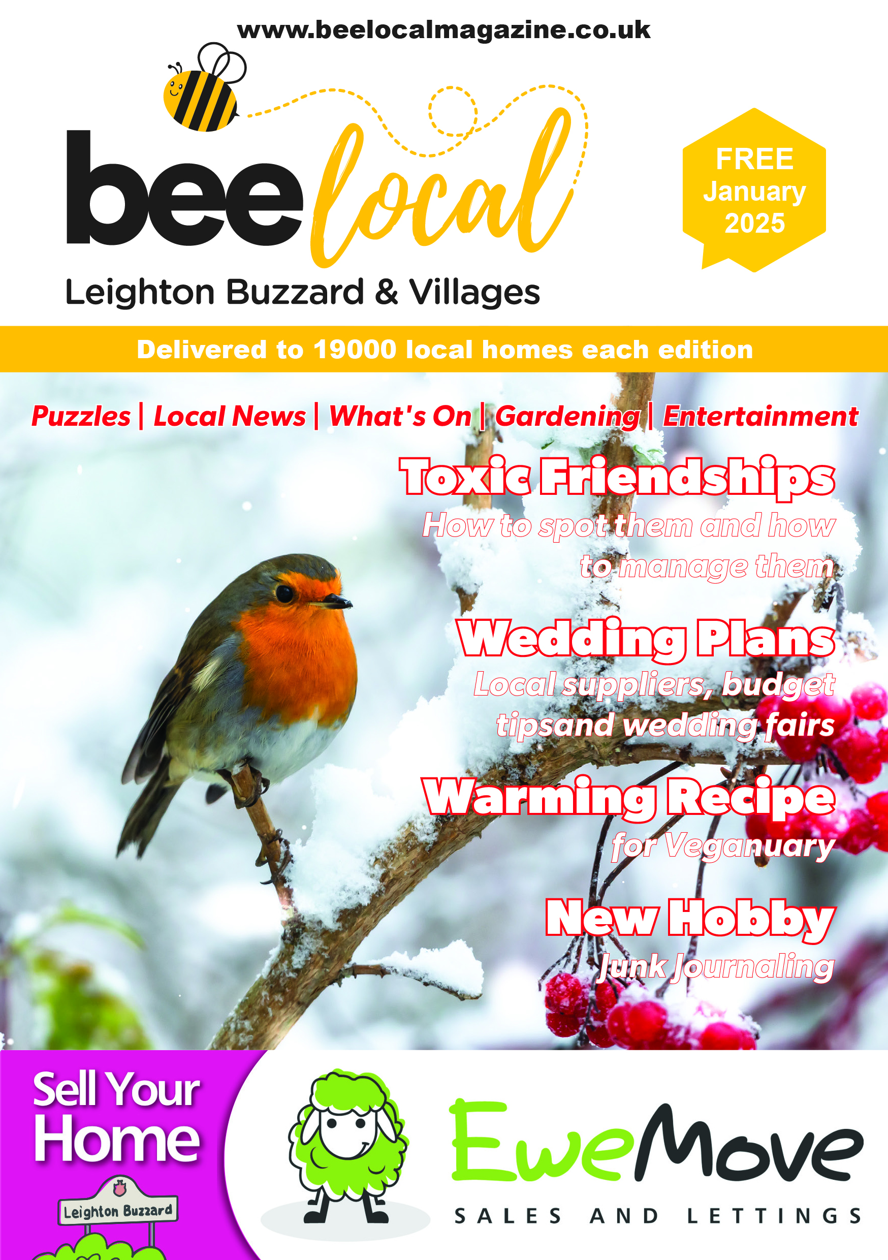 Front cover of Leighton Buzzard magazine, Bee Local, featuring a robin on a snow laden twig with bright red berries