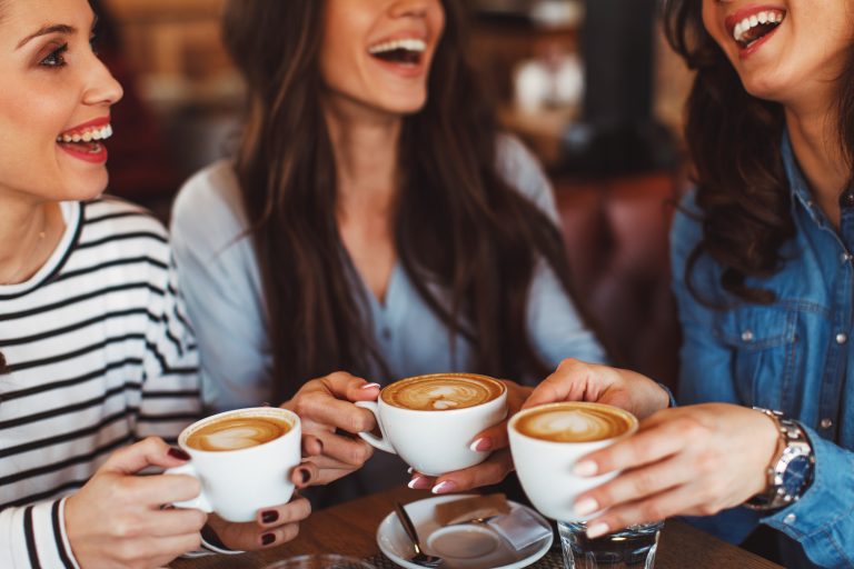 Leighton Buzzard Coffee Shop Guide featuring 3 friends enjoying coffee