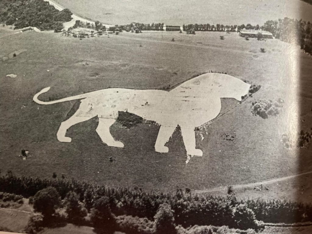 the history of the White Lion at Whipsnade black ad white image from the air