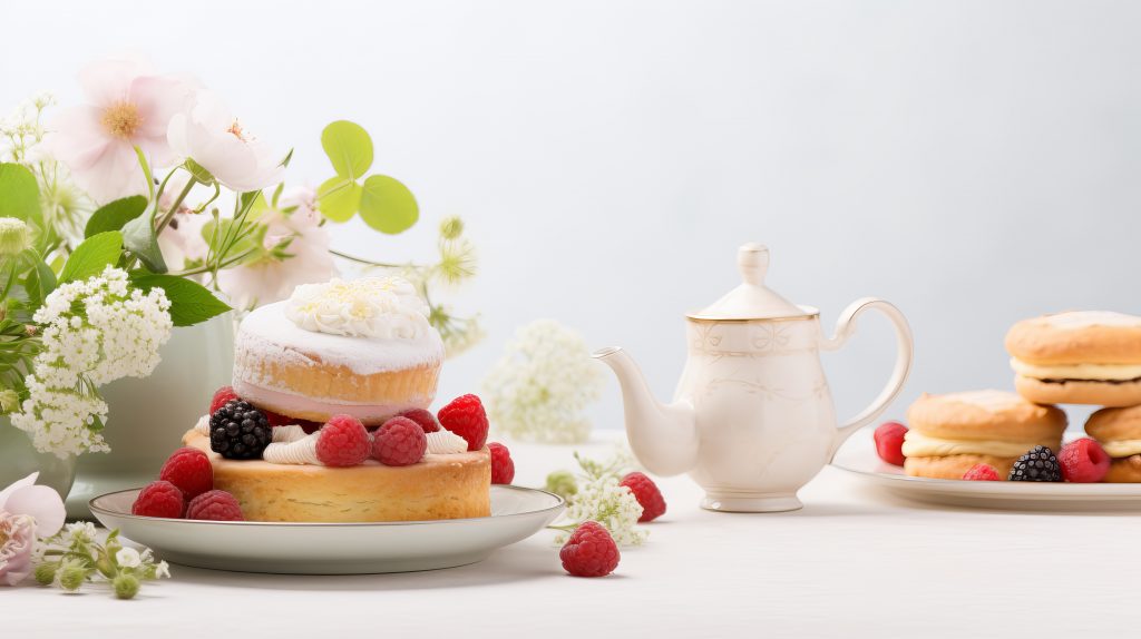 Tea and scones with raspberries scattered. Afternoon tea in Leighton Buzzard