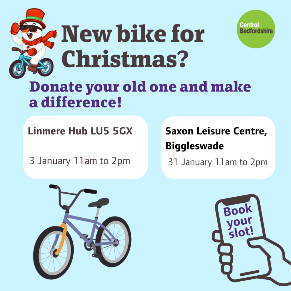 pictured booking slots for recycle your bike in central bedfordshire features a cartoon santa on a bicycle