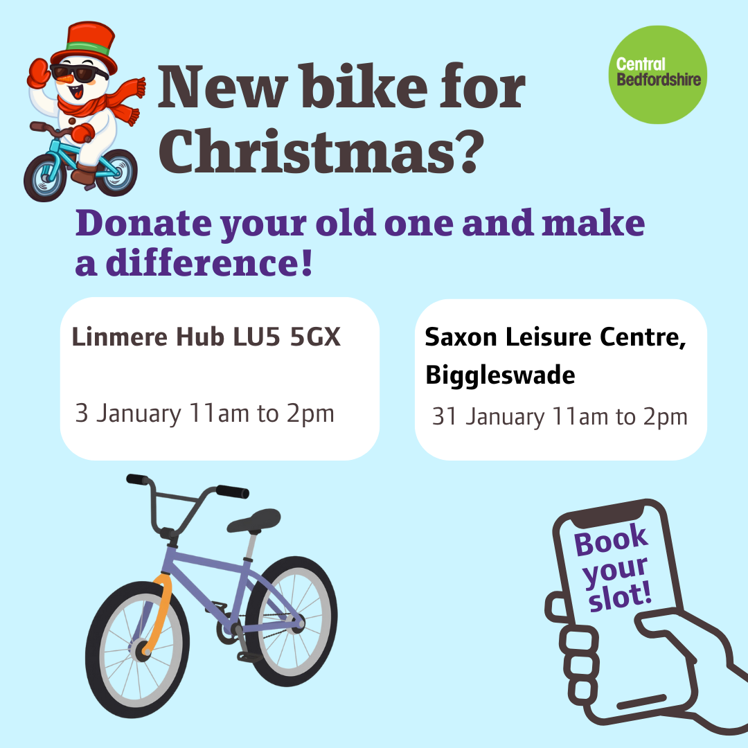 pictured booking slots for recycle your bike in central bedfordshire features a cartoon santa on a bicycle
