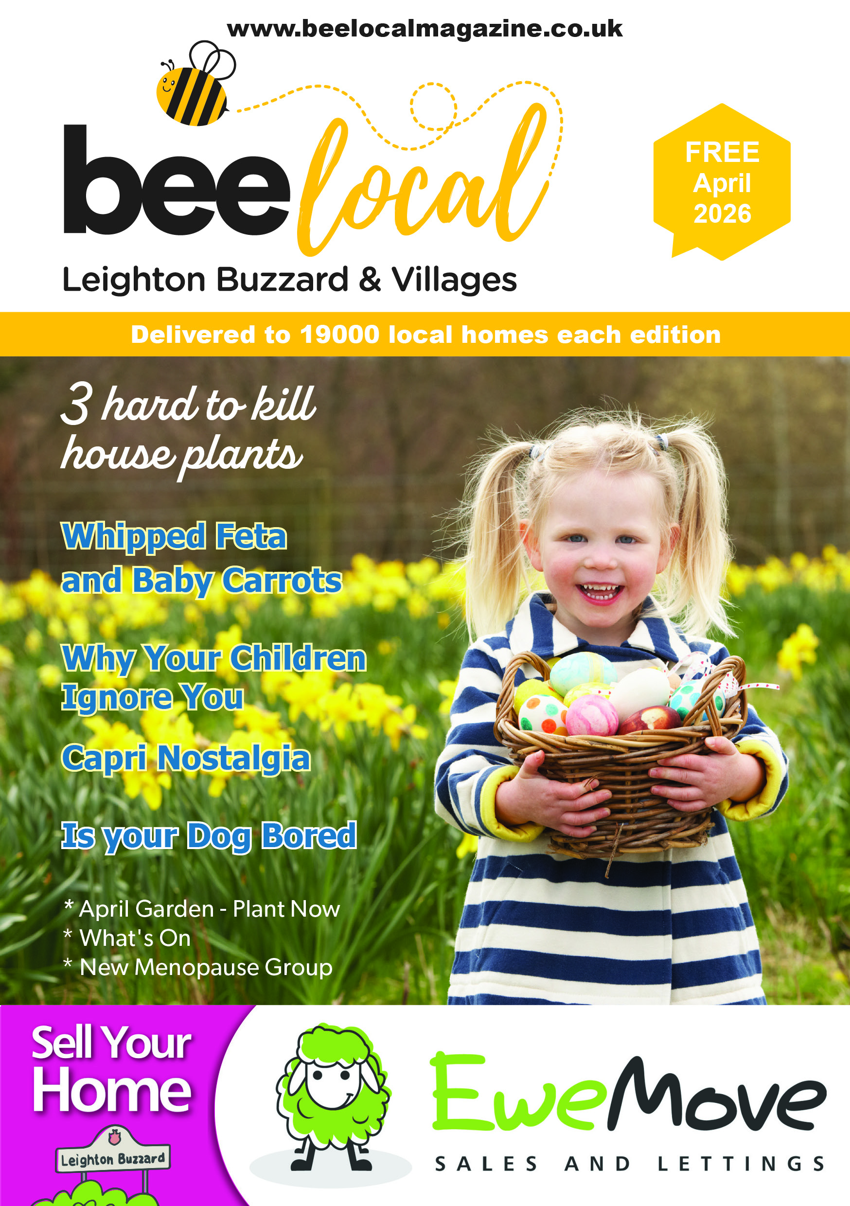 a little blond girl on the cover of bee local magazine amongst daffodils carrying a basked of colourful easter eggs