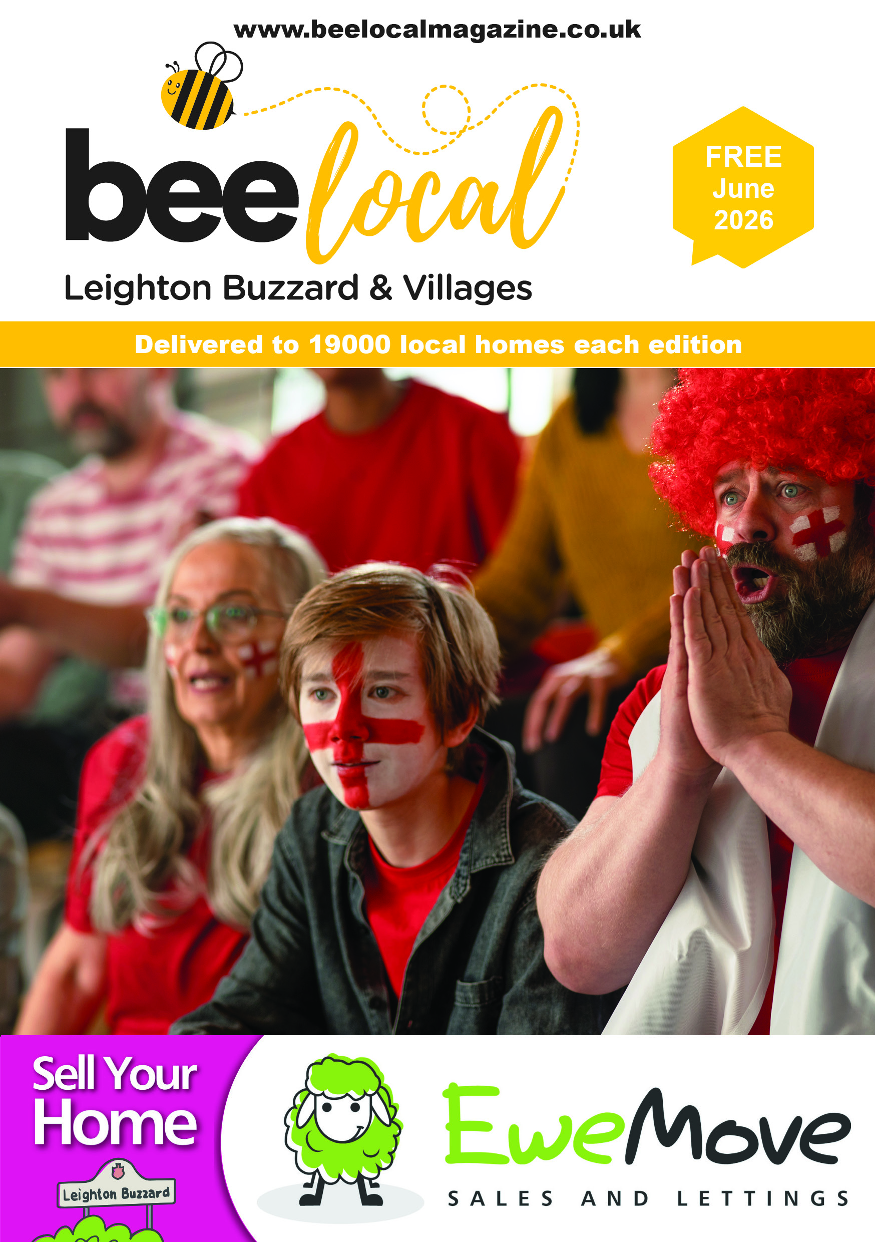 front cover of bee local print magazine for leighton buzzard featuing football fans looking anxious